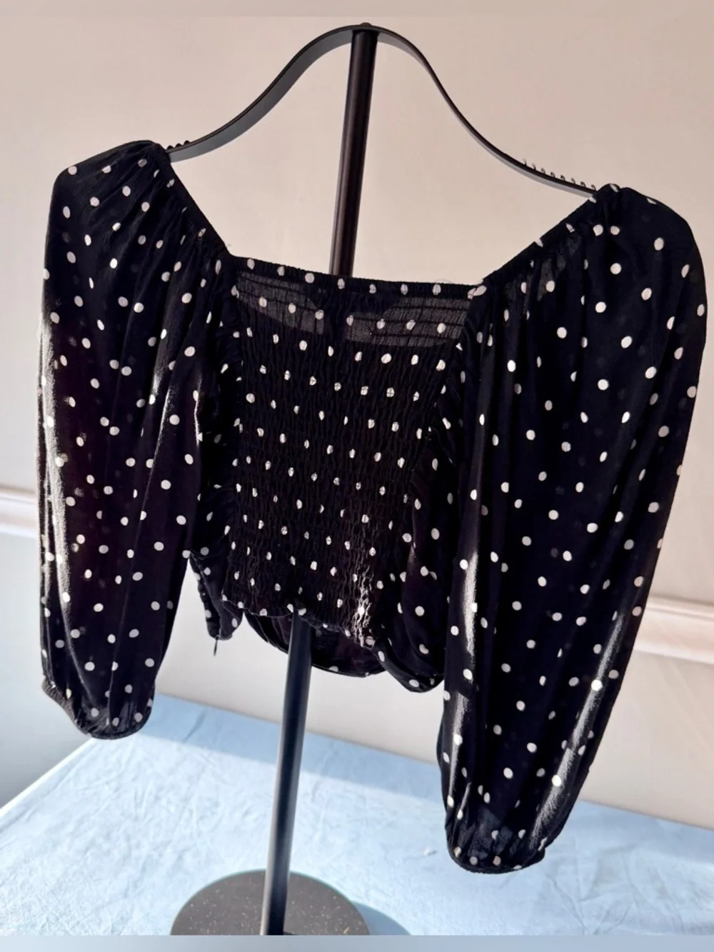 Zara Polka Dot Ruched Crop Top Size S Black Sheer Puff Sleeve Whimsigoth